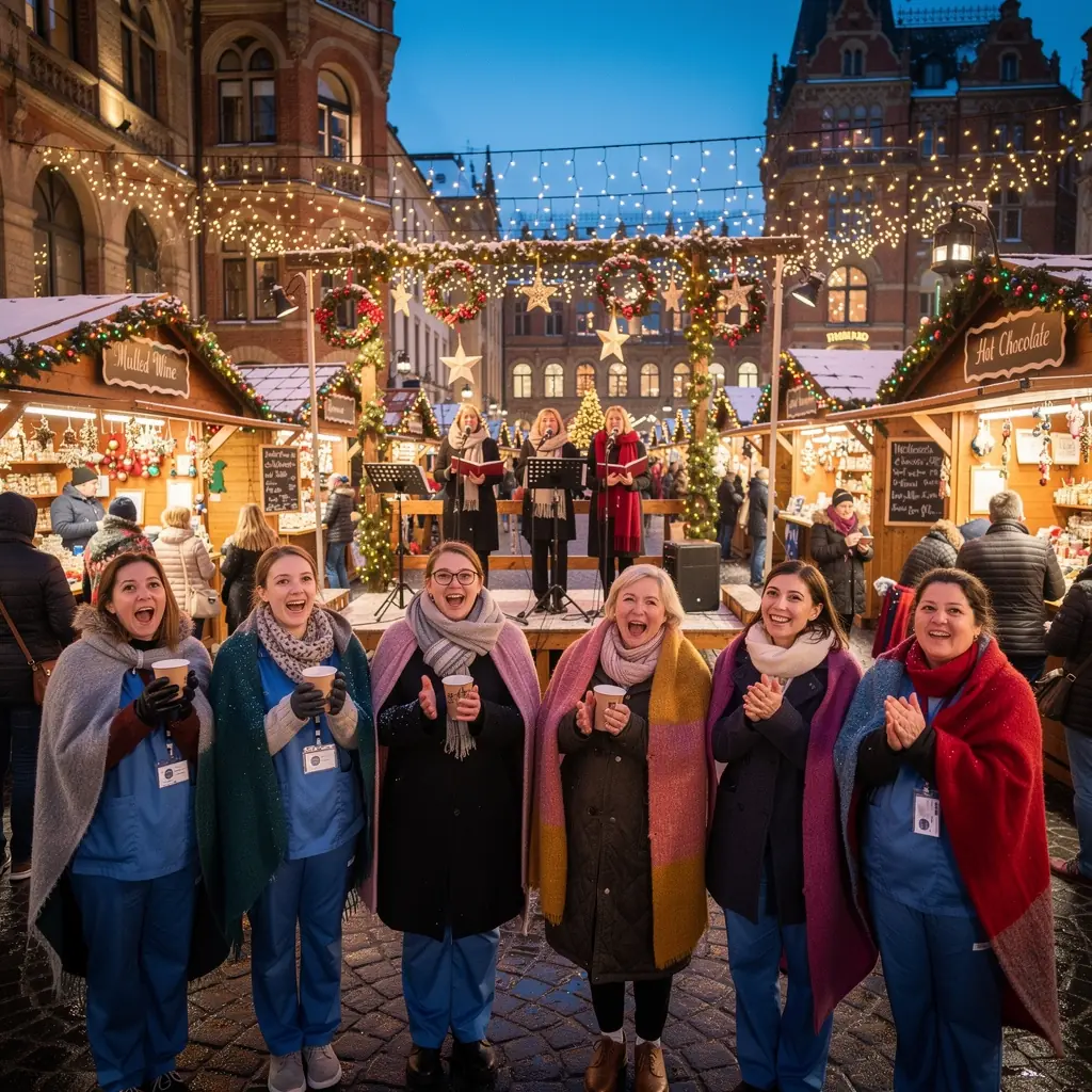 Ein traditioneller Weihnachtsbaum erleuchtet den Platz mit funkelnden Ornamenten und Lichtern.