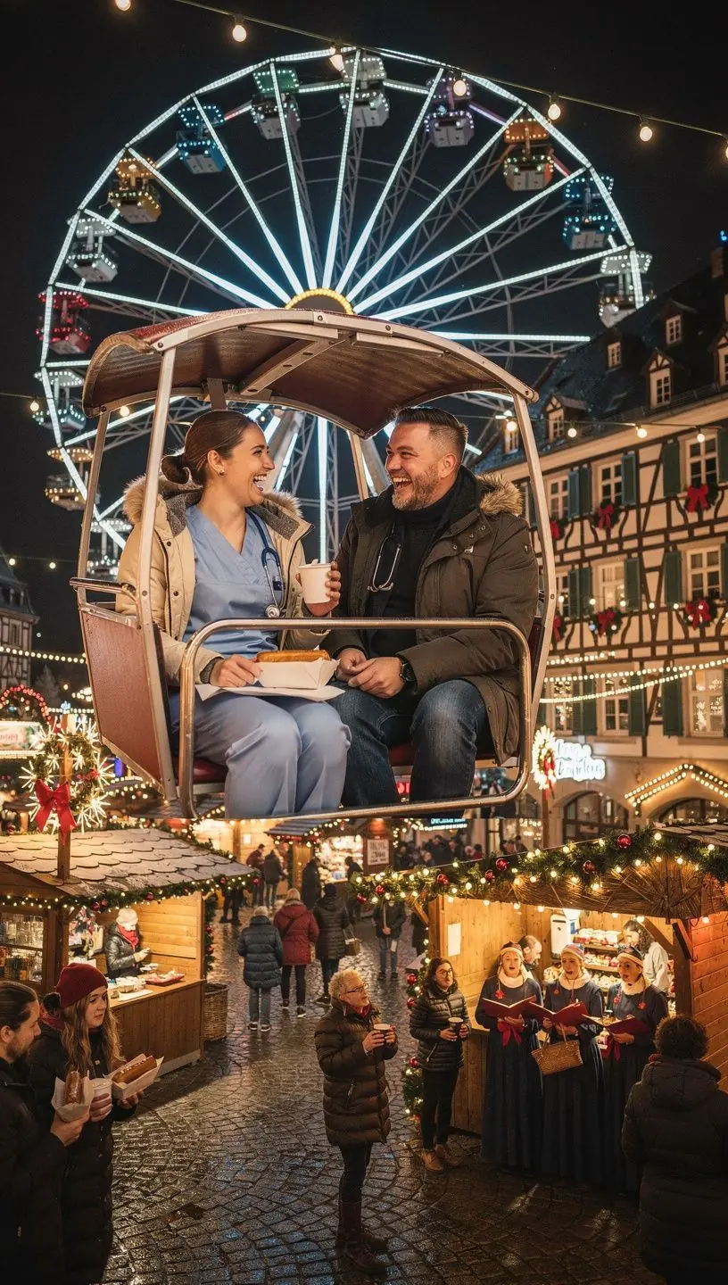 Familien schlendern fröhlich über den Markt und kosten saisonale Spezialitäten wie Lebkuchen.